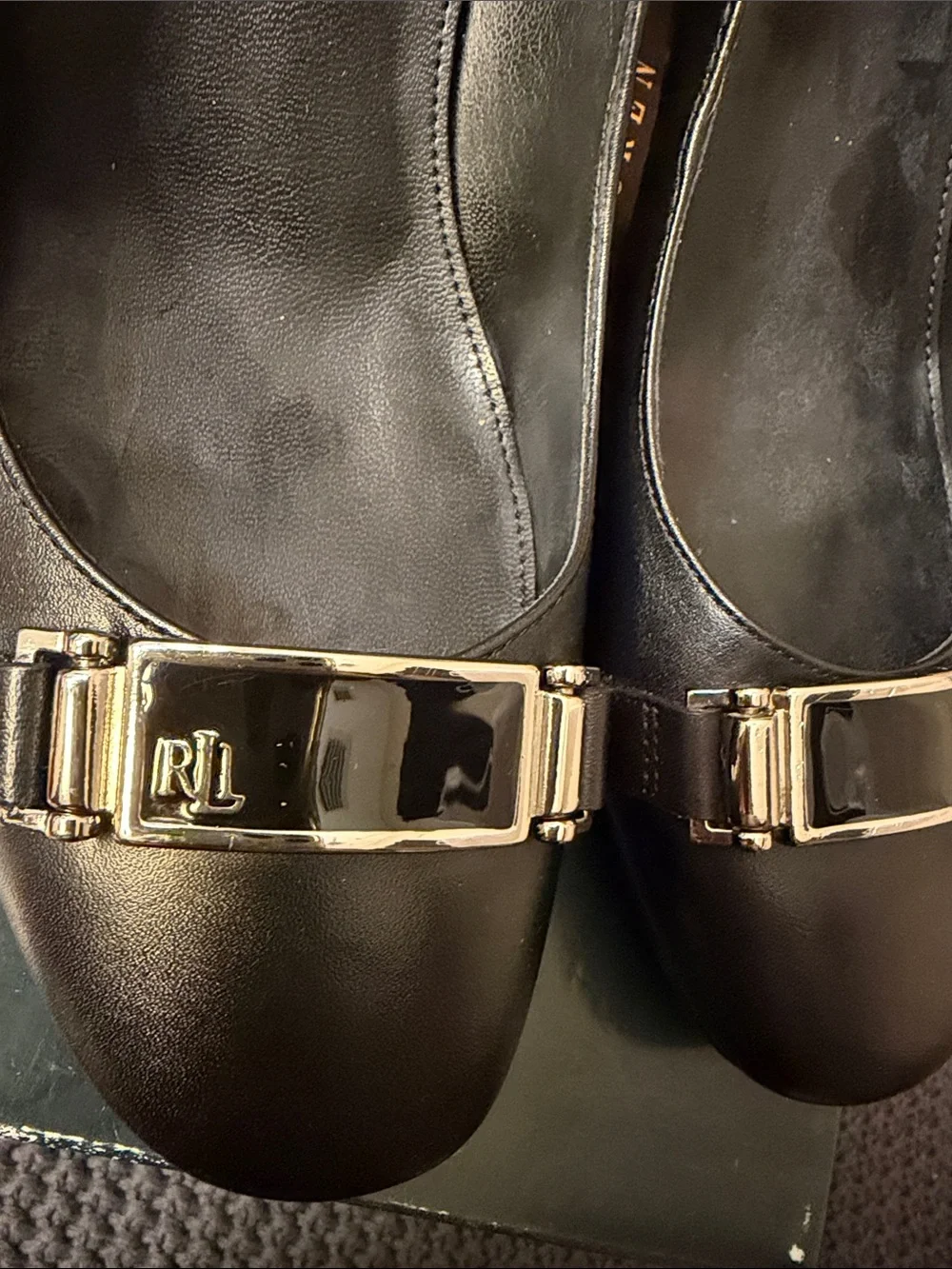 Lauren Ralph Lauren Black Leather Low Heel Pumps with Gold Accent